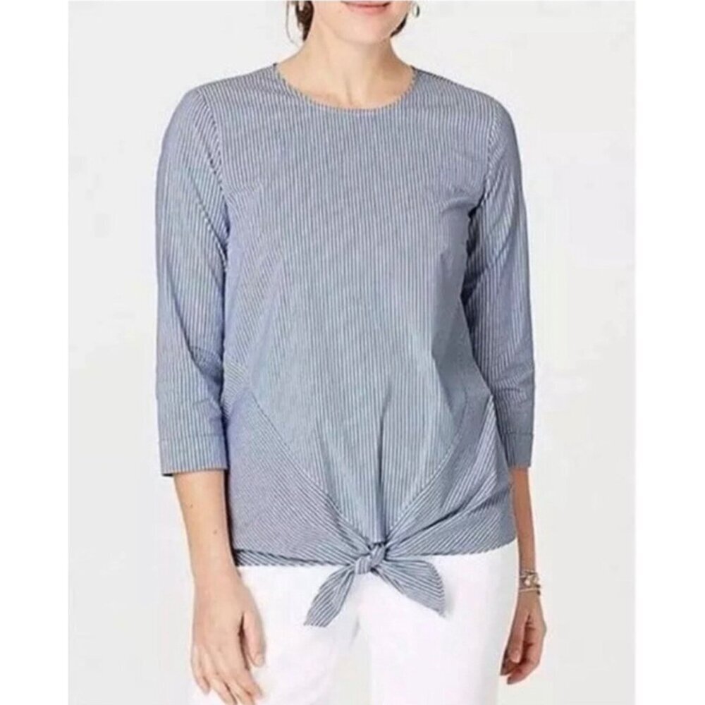 NWOT J. Jill Women's Blue White Striped Tie Front Blouse/Top 3/4 Sleeves Size M